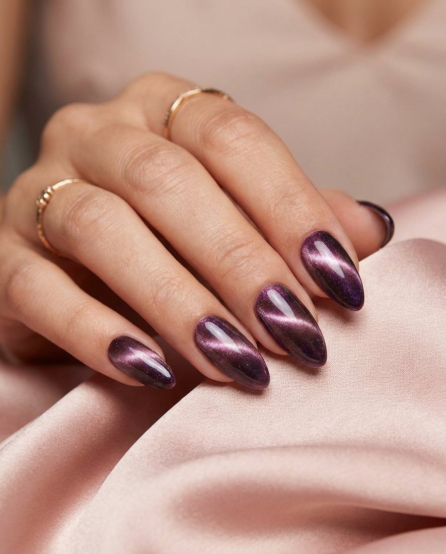 Magnetische cat-eye gellak in diepe pruim- en mauve-tinten met een glanzende lichtstreep