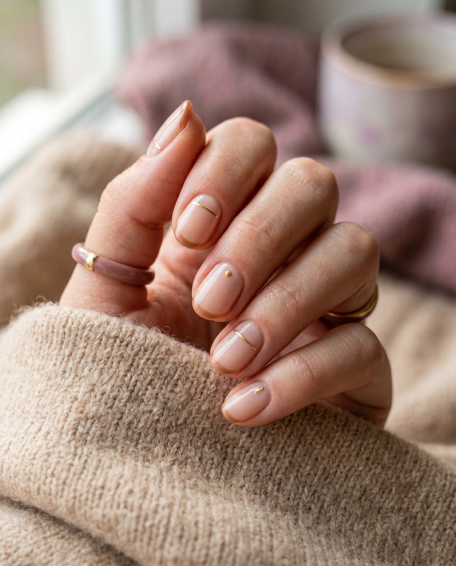Nail art met fijne minimalistische gouden lijndetails op een zachte basis