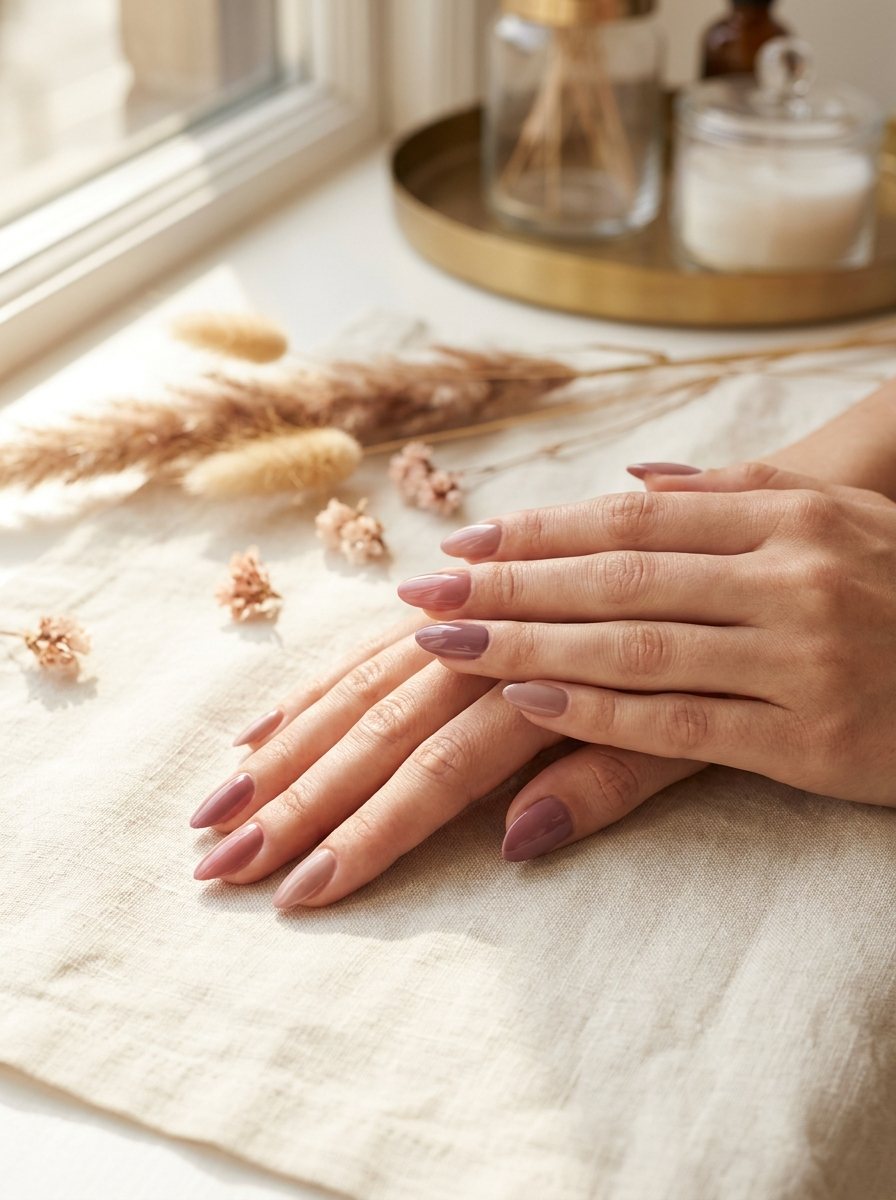 Twee verzorgde handen met een diepe wijnrode gellak manicure