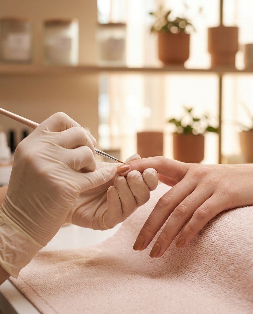 Nagelstyliste brengt met precisie gellak aan bij een klant in een sfeervolle studio